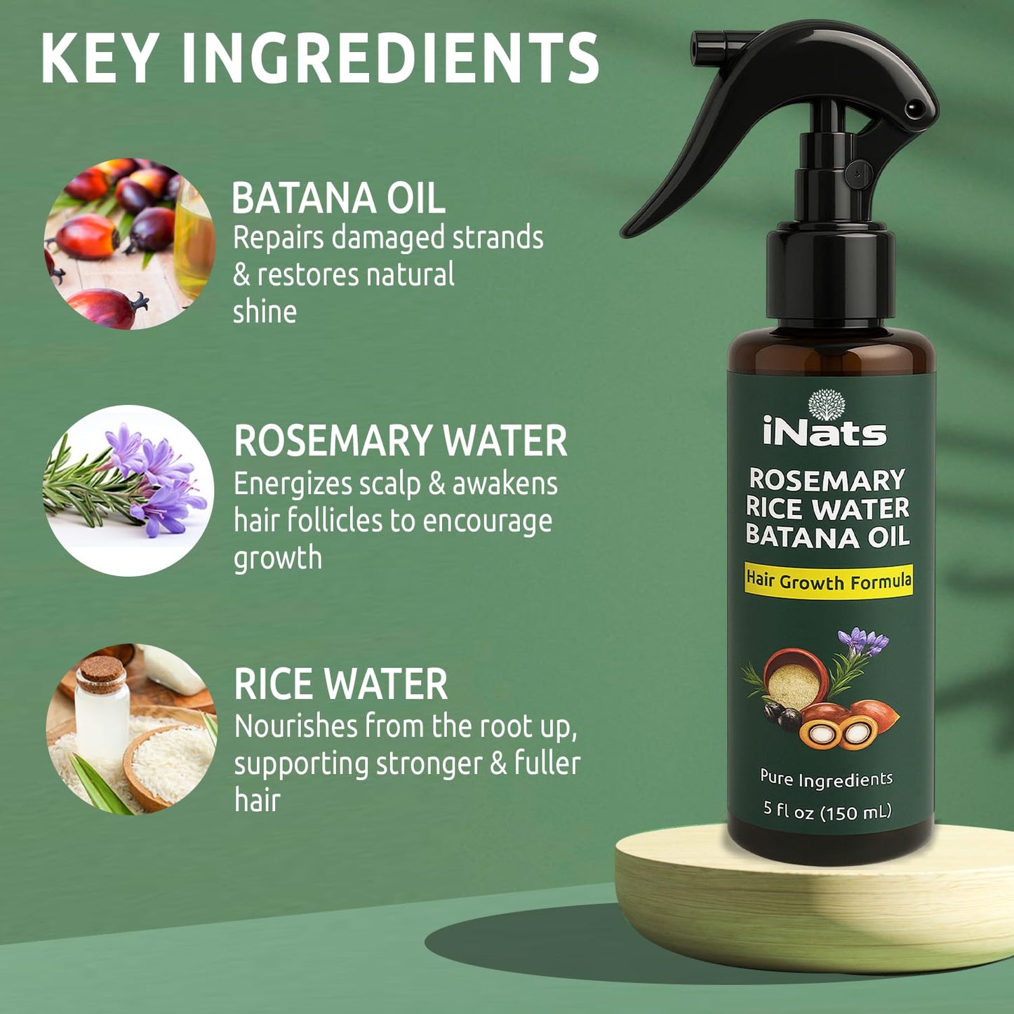 Rosemary Water Spray for Hair Growth w/Rice Water, Biotin, Batana & Peppermint Oil – Non-Sticky Organic Hair Growth Spray to Control Hair fall & Strengthen Strands - For Men & Women – 5 fl oz