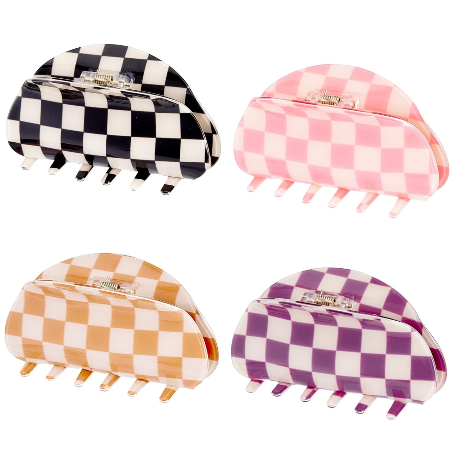 Checkered Hair Claw Clips, Acrylic Multicolored Semicircle Checker Barrettes for Women Ladies Medium Cute Non Slip Hair Jaw Clips Strong Hold Claw Clamps Hair Accessories for Thin Thick Hair (4 Pack)