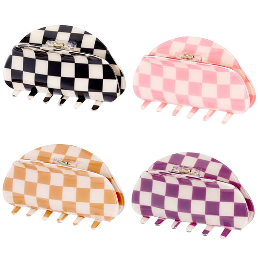 Checkered Hair Claw Clips, Acrylic Multicolored Semicircle Checker Barrettes for Women Ladies Medium Cute Non Slip Hair Jaw Clips Strong Hold Claw Clamps Hair Accessories for Thin Thick Hair (4 Pack)