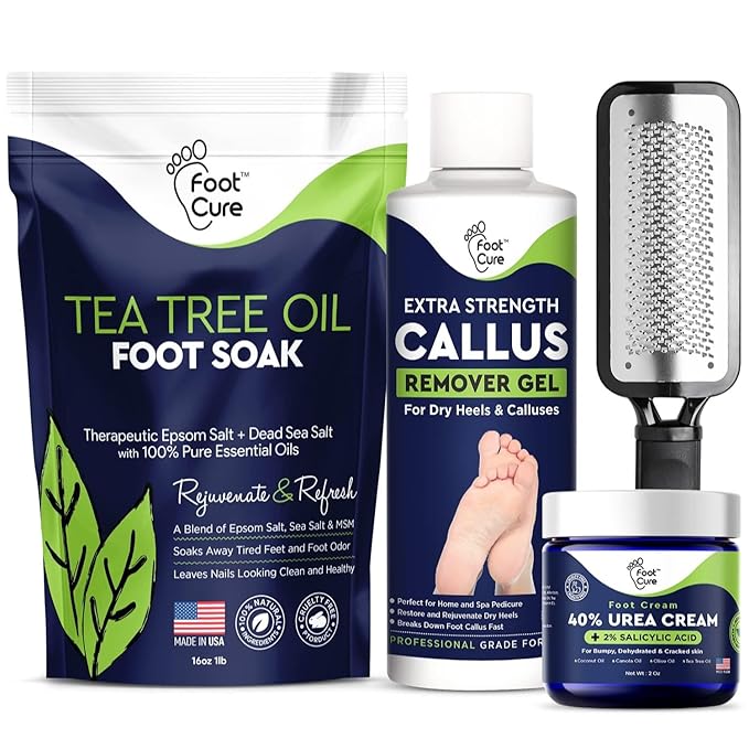 Foot Cure Foot Care/ Exfoliator & Callus Remover Pedicure Set – Includes Foot File for Dead Skin, Tea Tree Oil Foot Soak Salts, Urea Cream 40 Percent & Foot Callus Removal Gel – Made in USA