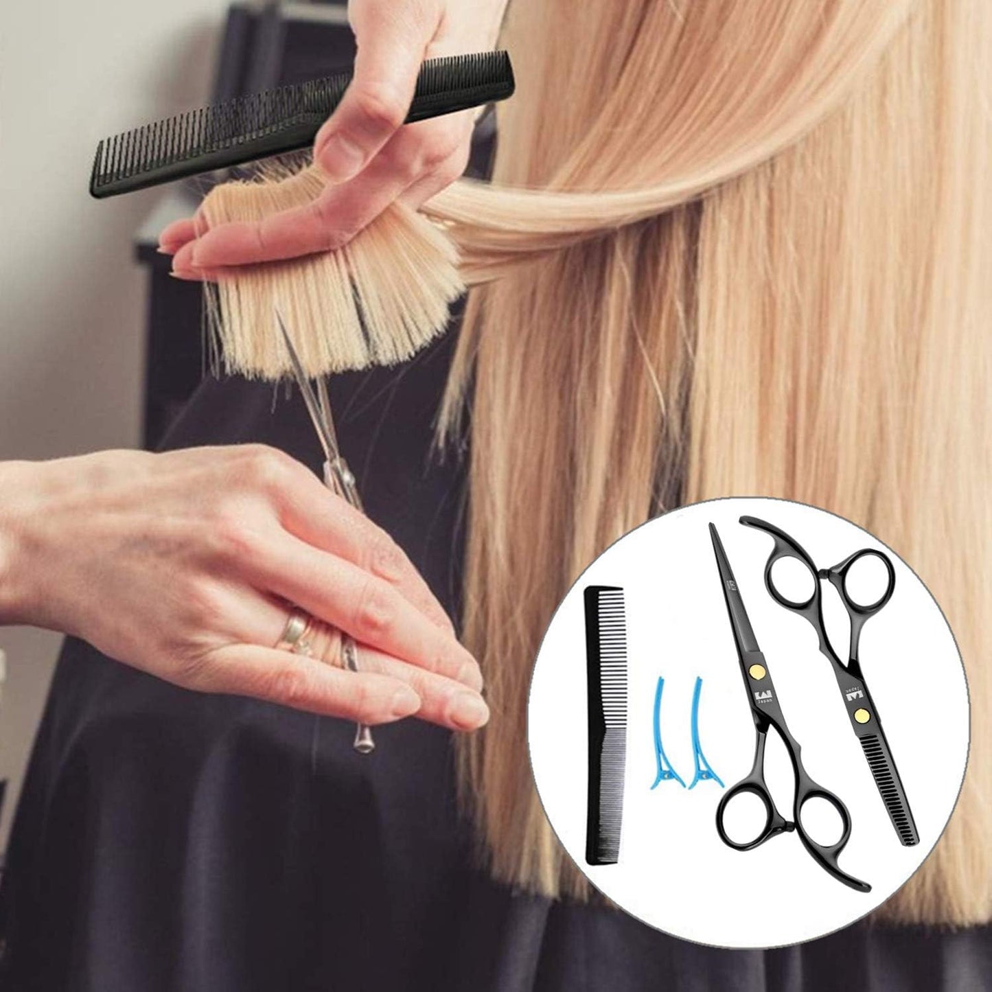 Professional Hair Cutting Scissors Shears Barber Thinning Set Kit- Family Hair Cutting,Barber Hair Cutting Tool Thinning texturizing (Black 6")