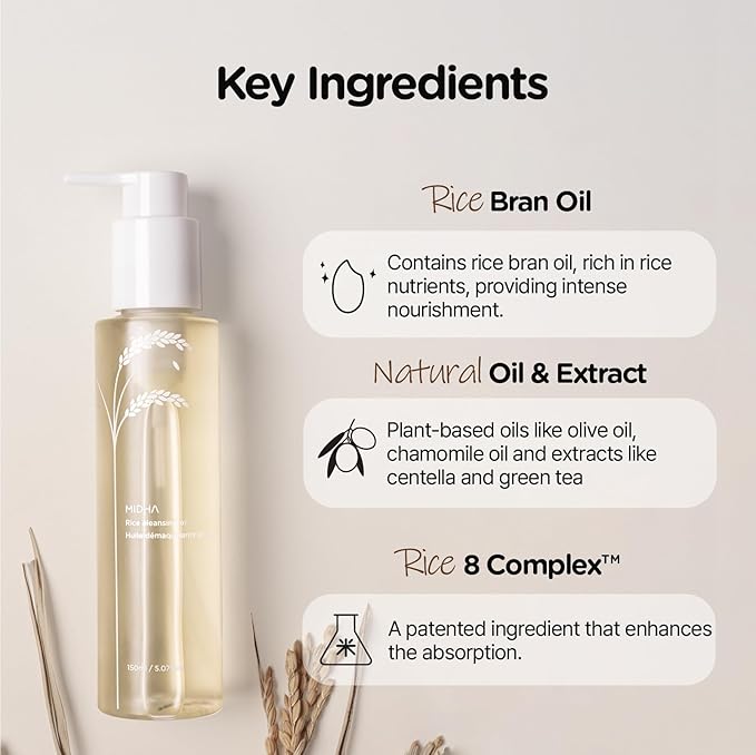 MIDHA RICE CLEANSING OIL 5.07fl.oz/150ml, Gentle Makeup Remover, Hydrating, Lightweight, Plant-Based, Moisturising, First-Step Cleanser, Balanced Skin with Residue-Free, Sebum Care Formula