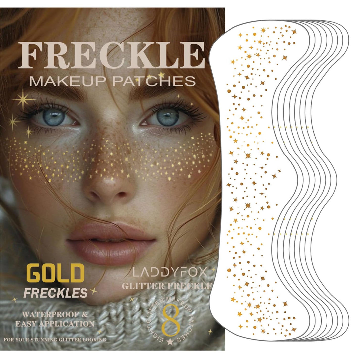 8 Pcs Gold Face Makeup Patches, Gold Glitter Freckles Face Tattoo, Glitter Freckles, Sparkle Makeup Patches, Waterproof Face Glitter Speckles Patches for Women