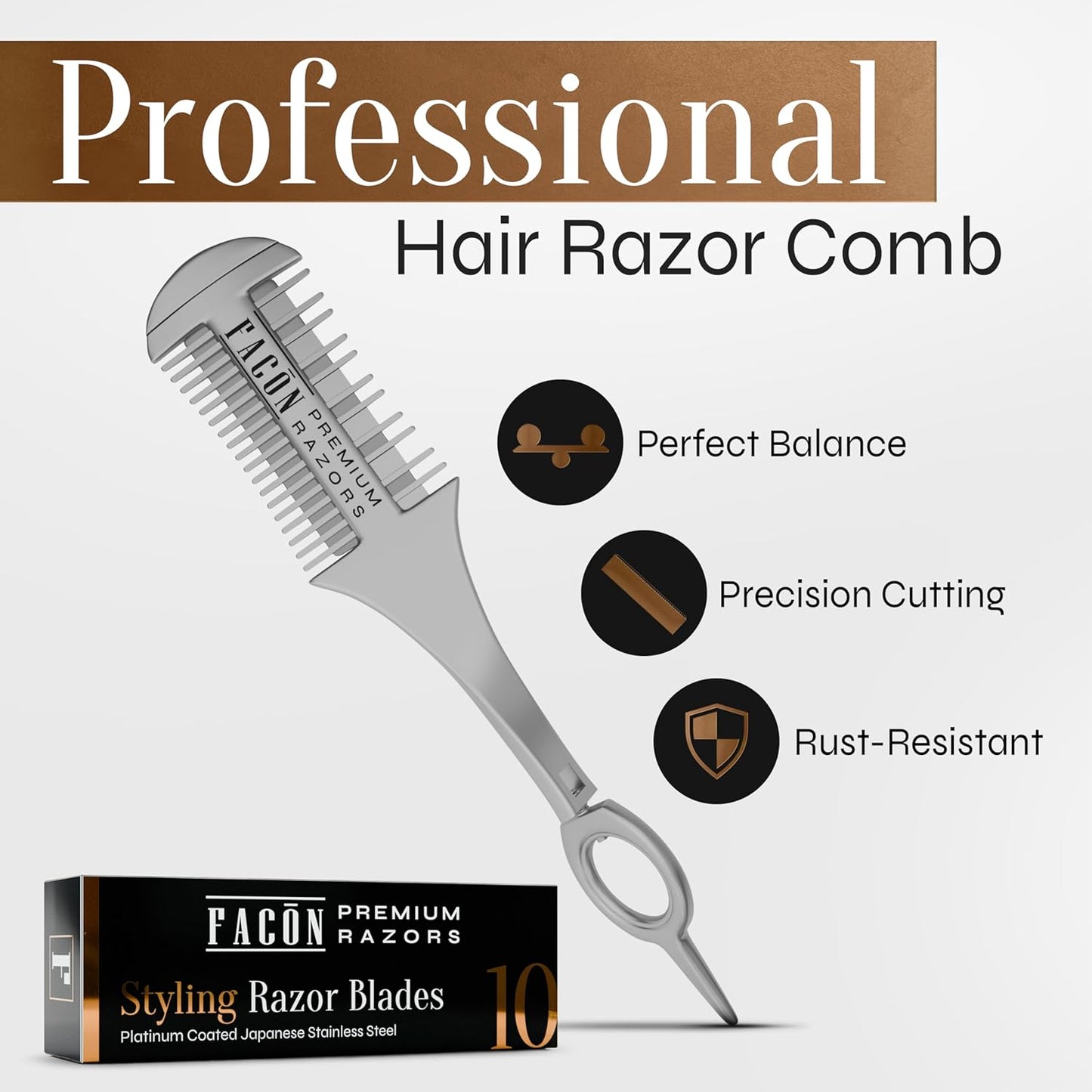 Facón Razor Comb for Hair Cutting - Professional Hair Cutting Comb Kit with 12 Replacement Blades, Double Edge Shaper for Salon & Home, Premium Styling Thinning Texturizing Split Ends Trimming Razor
