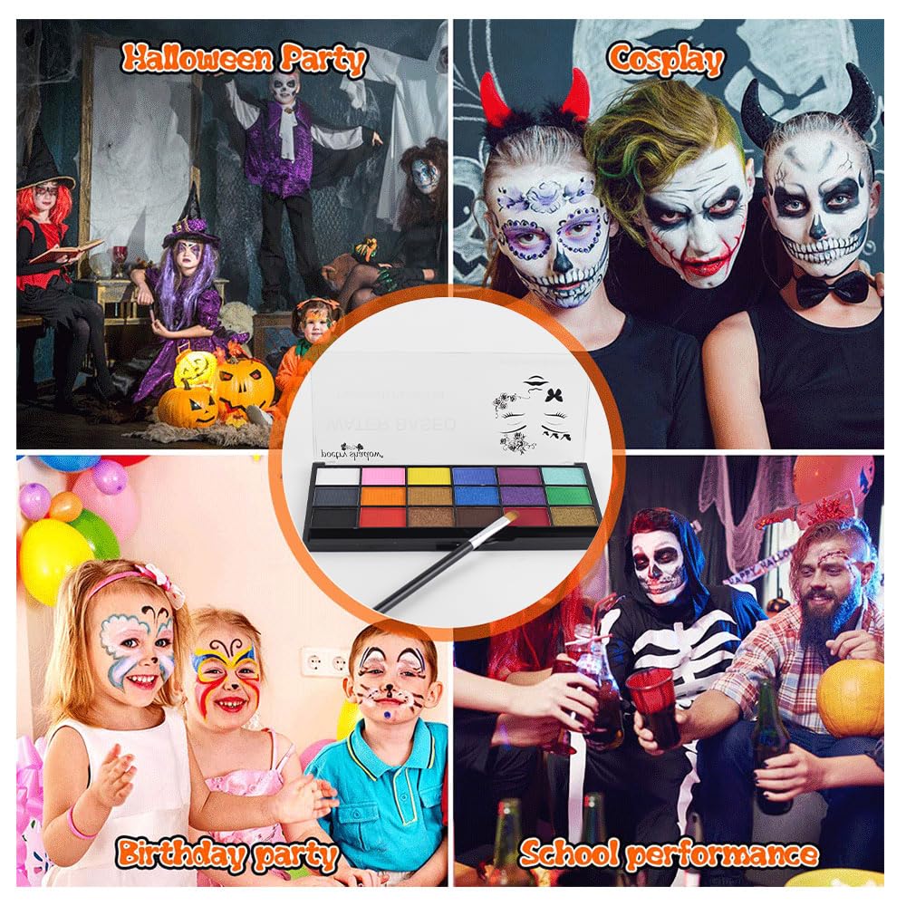 Face Paint Kit, Painting Palette with Brushes Body Paint Face Makeup Safe and Easy to Clean for Halloween Carnivals Cosplay Party Stage Performances (18 Colors + 10 Brushes)