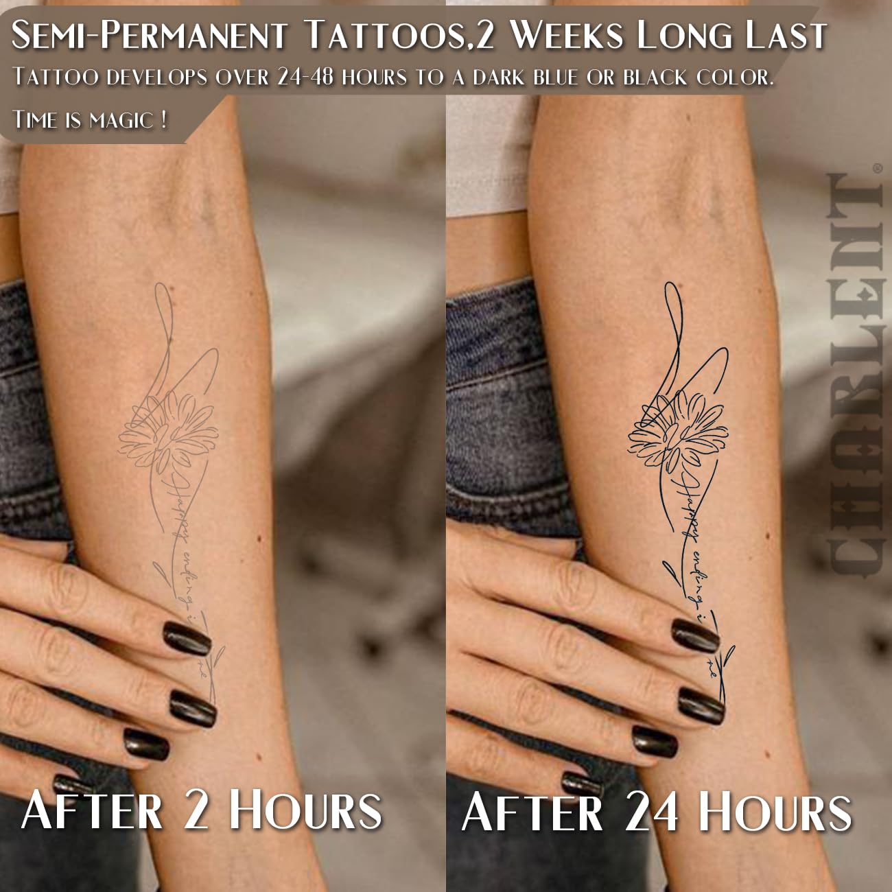 CHARLNET Semi-Permanent Tattoos for Adult - 2 Weeks Long Last Small Flower Words Tattoos for Women Men Hand Neck Body/Fades Naturally/No Reflection/Waterproof/Realistic, Minimal Line Art