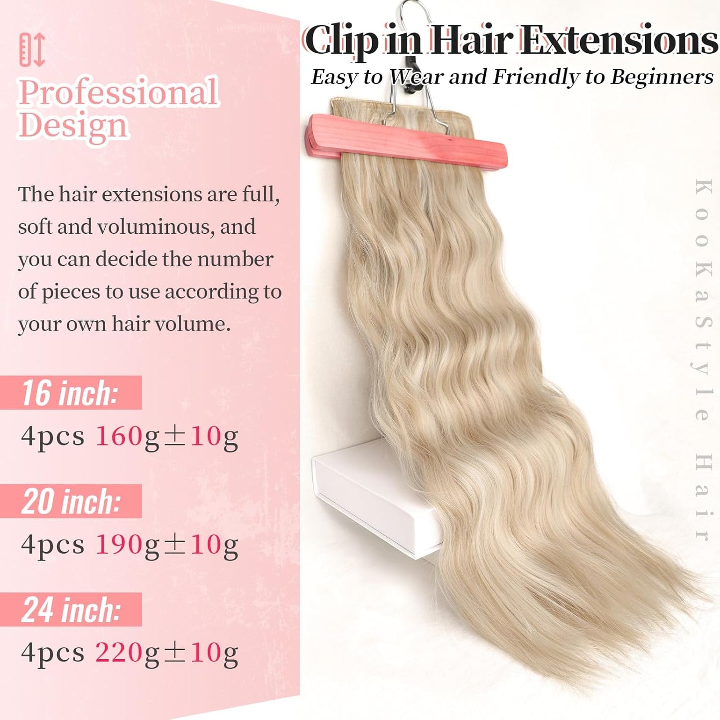 KooKaStyle Clip in Long Wavy Synthetic Hair Extension 24 Inch Pearl Blonde 4PCS Thick Hairpieces Fiber Double Weft Hair for Women