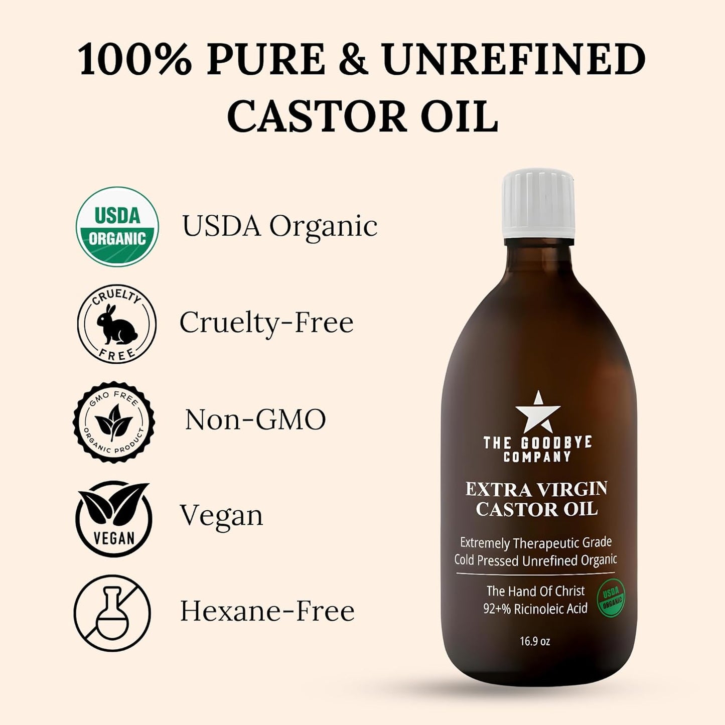 Premium Organic Cold-Pressed Castor Oil - 16.9 oz Glass Bottle, Hexane-Free, Small Batch, Extra Virgin, Ethically Sourced for Hair Growth, Skin Care, Lashes, Brows & Castor Oil Packs