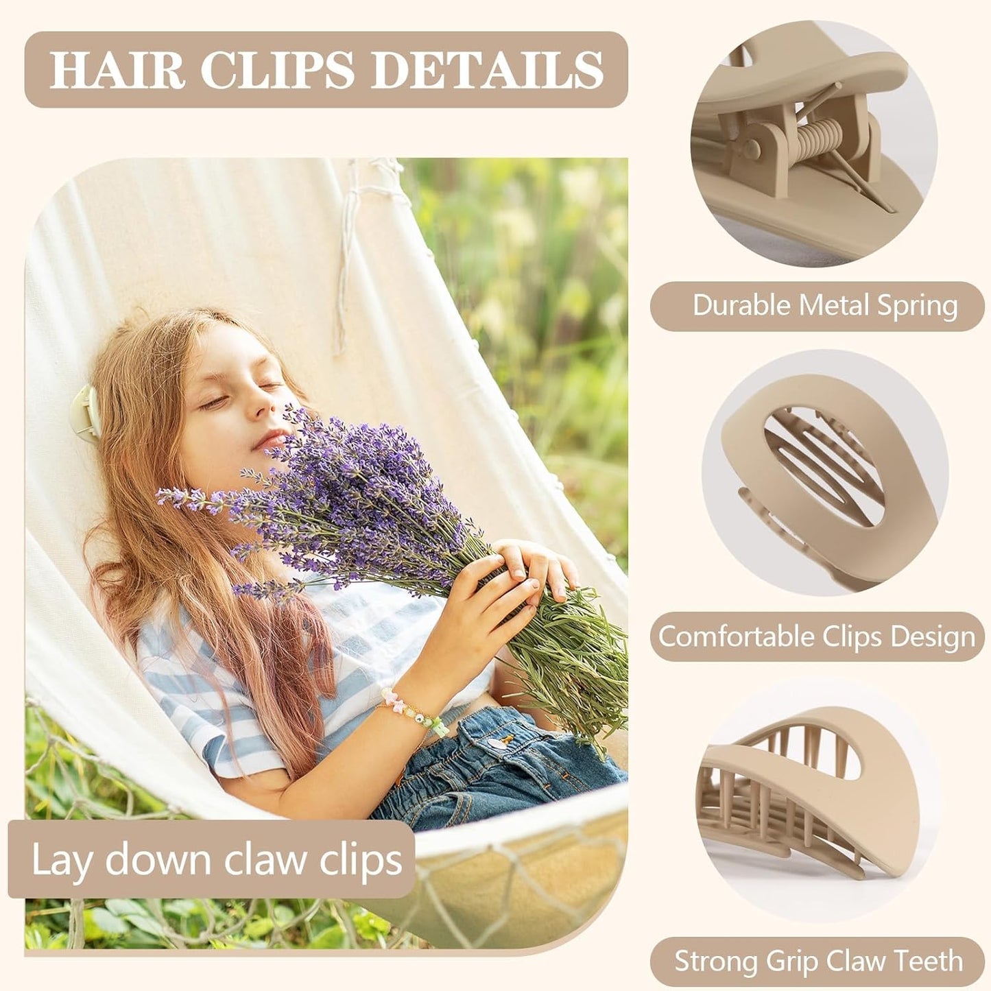 6 PCS Flat Hair Clips for Women, Medium Flat Hair Clips, Flat Claws Clips for Thick Thin Hair, Hair Claw Clips with Secure Hold Double Inner Teeth, Lay Down Claw Clip, Classic Hair Barrettes