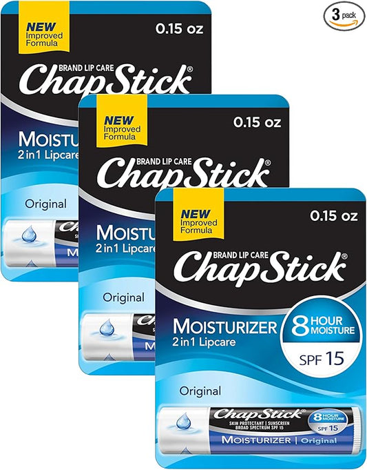 ChapStick Moisturizer Original Lip Balm Tube, SPF 15 and Skin Protectant - 0.15 Oz (Pack of 3)