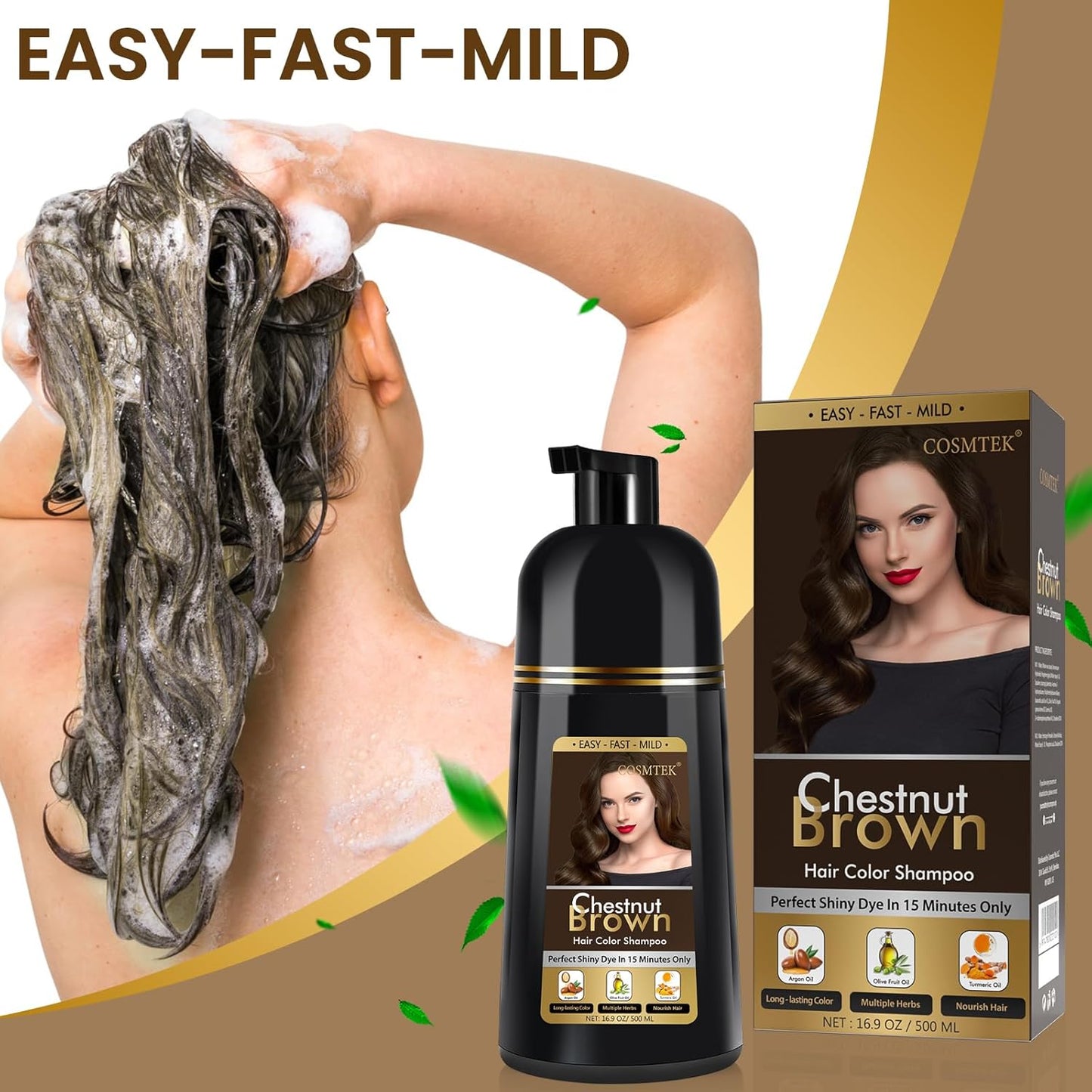 Chestnut Brown Hair Dye Shampoo Permanent for Men&Women,Instant Hair Color Shampoo for Gray Hair Coverage,16.9oz