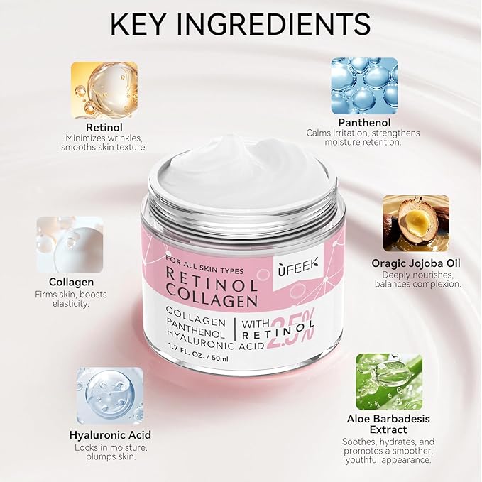 Retinol Face Moisturizer with Collagen & Hyaluronic Acid - Instant Face Lift Cream, Neck Cream for Tightening and Firming, Anti Aging Face Cream for Women and Men, 1.7 Fl Oz