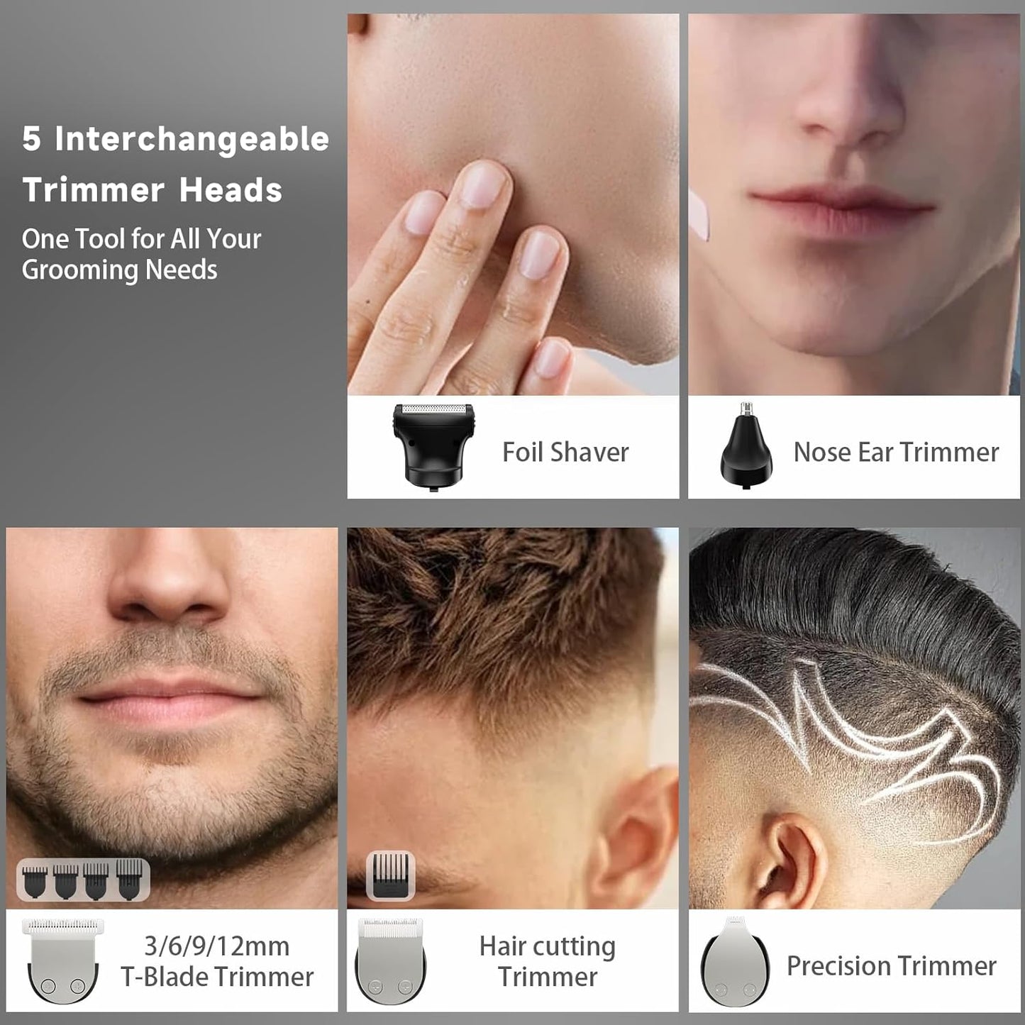 Beard Trimmer for Men, 5-in-1 Cordless Hair Clipper Kit with Foil Razor, Waterproof Body, Nose & Ear Groomer, Precision Trimming for Beard, Hair & Body Care (Gray)