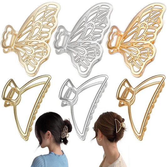 6 Packs Large Metal Hair Claw Clips, Butterfly Lady Thick Hair Catch Barrette, Non-slip Hair Jaw Clamp Clips Styling Fashion Accessories for Women Girls, Bright&Matte Gold&Silver