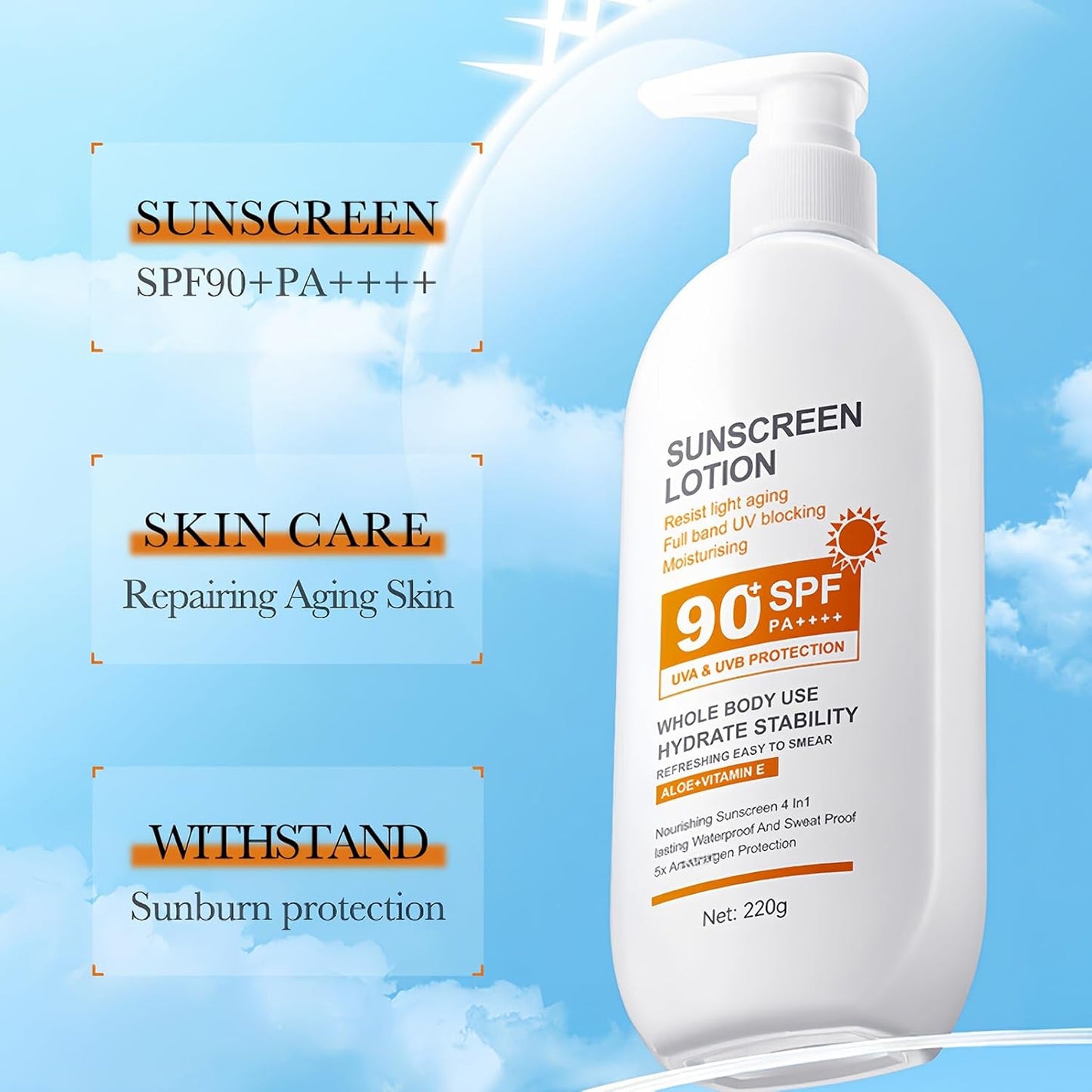 High SPF Sunscreen - Large Capacity SPF 90 Sun Screen Protector for Face & Whole Body - Outdoor Travel Size Sport 90 SPF Sunscreen Moisturizer, 220G