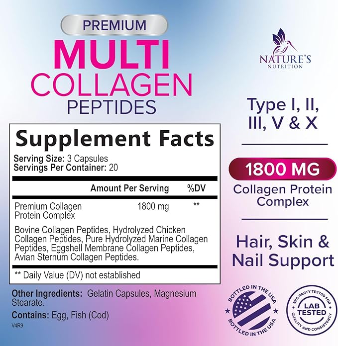 Collagen Peptides for Women & Men - Type I, II, III, V, X Multi Collagen Pills, Hydrolyzed Collagen Peptides Supplements, Nature's Hair, Skin, Nail, and Joint Support Supplement, Non-GMO, 60 Capsules