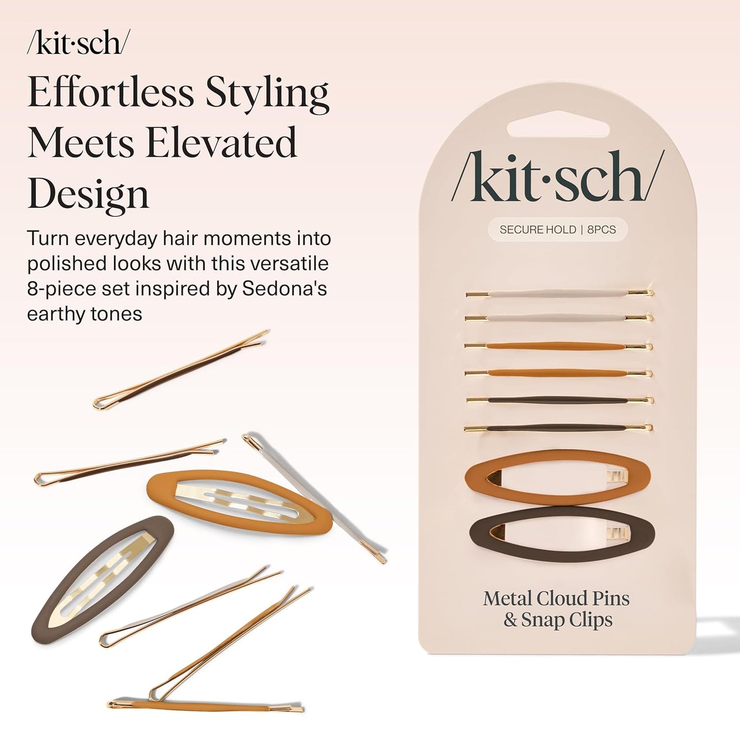 Kitsch Hair Clips for Women & Bobby Pins – Gold Metal Snap Hair Barrettes | Stylish, No Slip, Pain-Free | Ideal for Everyday Hairstyles | Ideal Gifts for Women - Sedona, 8pc Set
