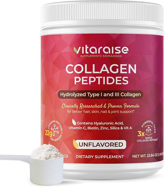 Hydrolyzed Collagen Powder - Type I & III Grass-Fed Collagen for Hair, Skin, Nail, Joints - Unflavored 22g per Serving - 30 Servings - 1.49 lbs - 3X Powerful - Hyaluronic Acid, VIT C, Added Nutrients