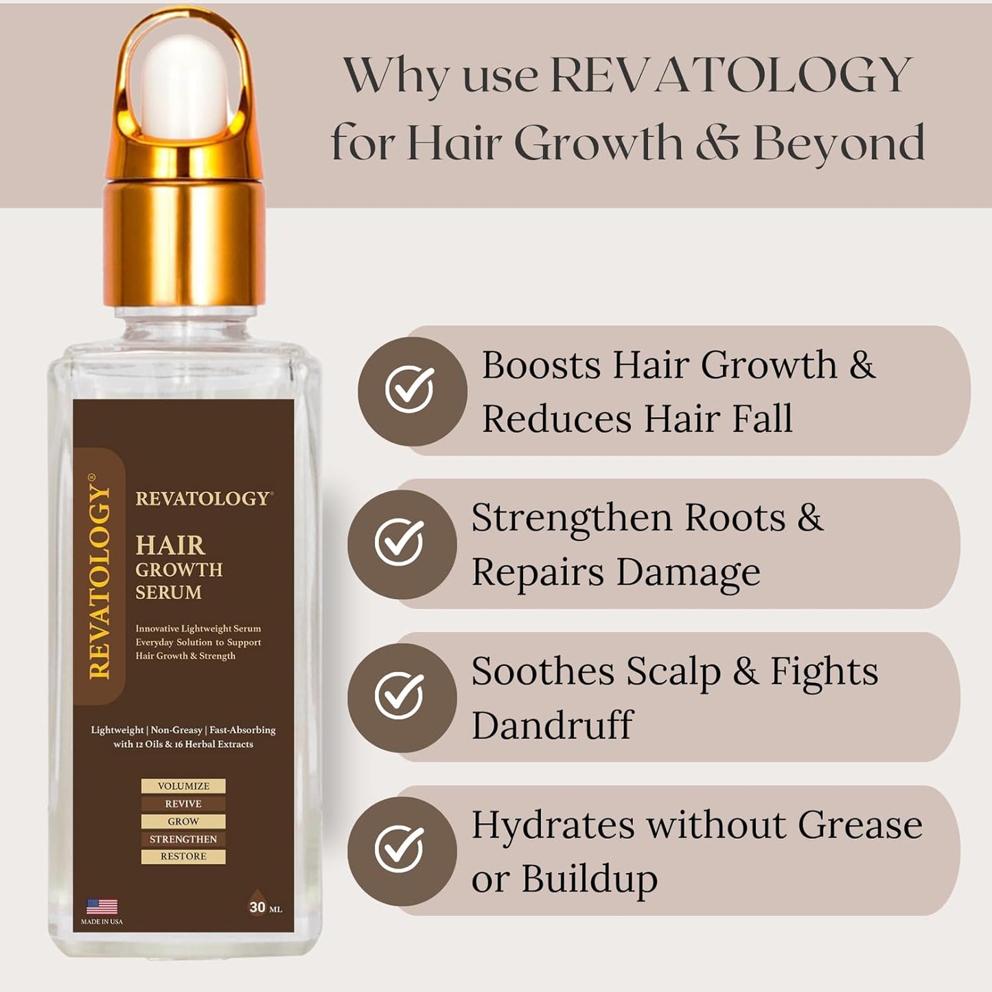 REVATOLOGY Hair Growth Serum and Leave-in Conditioner for Adults (Made in USA) Daily Use Formula 30 Oils and Herbal extracts Boosts Regrowth & Strengthens Roots | Cruelty & Chemical Free