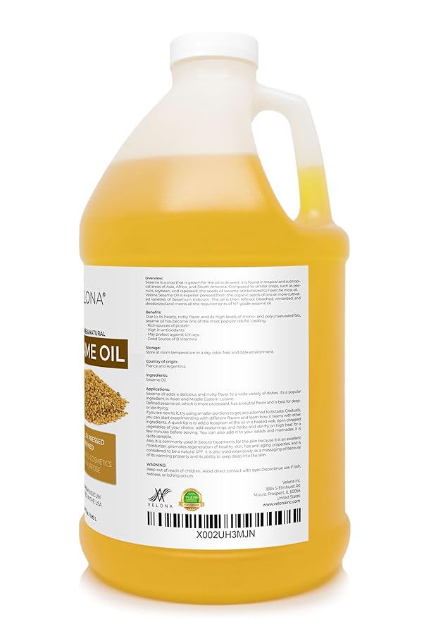 Sesame Seed Oil by Velona - 64 Fl Oz | 100% Pure and Natural Carrier Oil | Refined, Expeller Pressed | Cooking, Skin, Hair, Body & Face Moisturizing | Use Today - Enjoy Results
