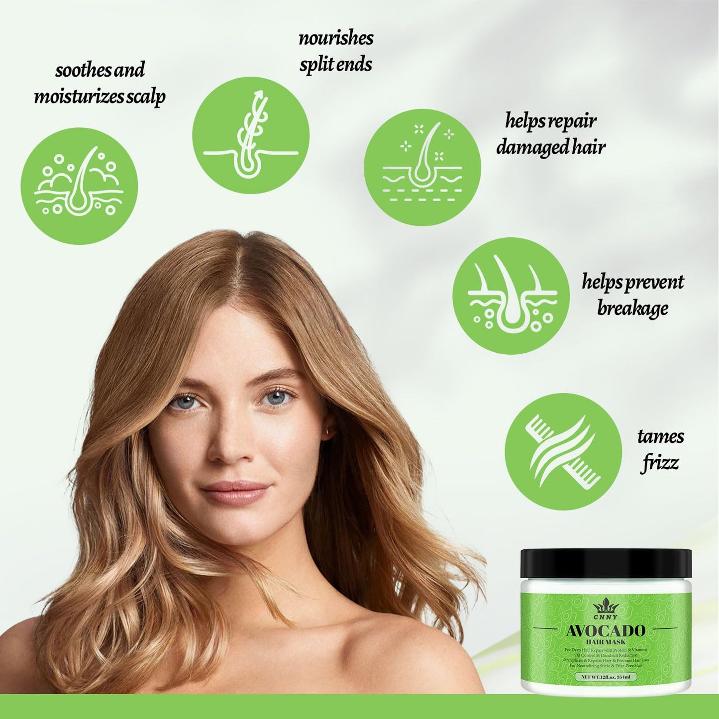 CNNY Avocado & Collagen Deep Repair Hair Mask - 12 oz, Intensive Moisture Conditioning Treatment for Dry Damaged Hair