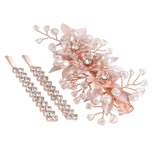 Wedding Hair Clips Set of 3 PCS - Floral Rhinestone Pearl Hair Accessories for Bridal Women (Rose Gold)