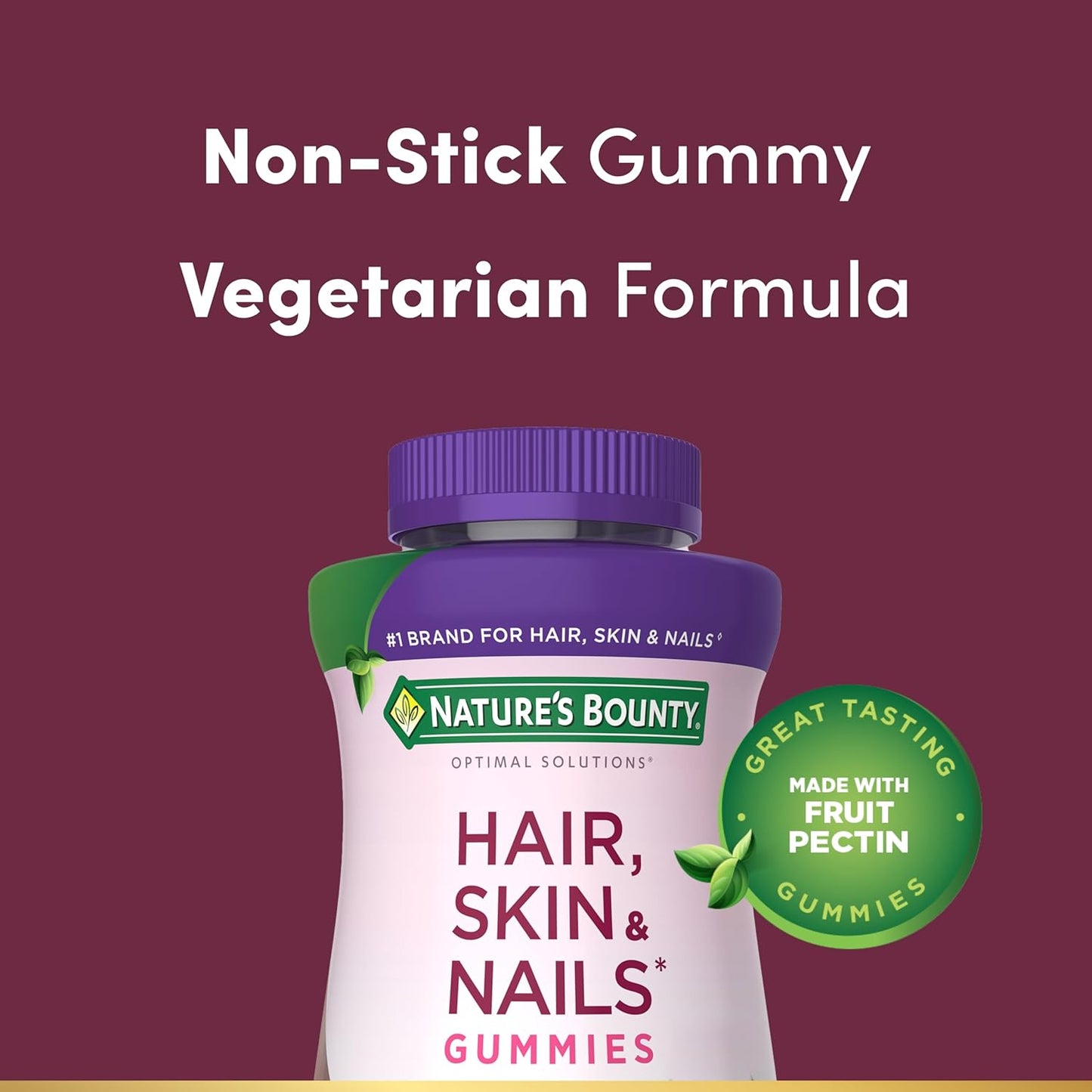 Nature's Bounty Optimal Solutions Advanced Hair, Skin and Nails Pectin Gummies, 2X Biotin Per Serving, No Stick Gummy, Vegetarian Formula, Strawberry Flavor, 200 ct, 100 Total Servings (Pack of 2)