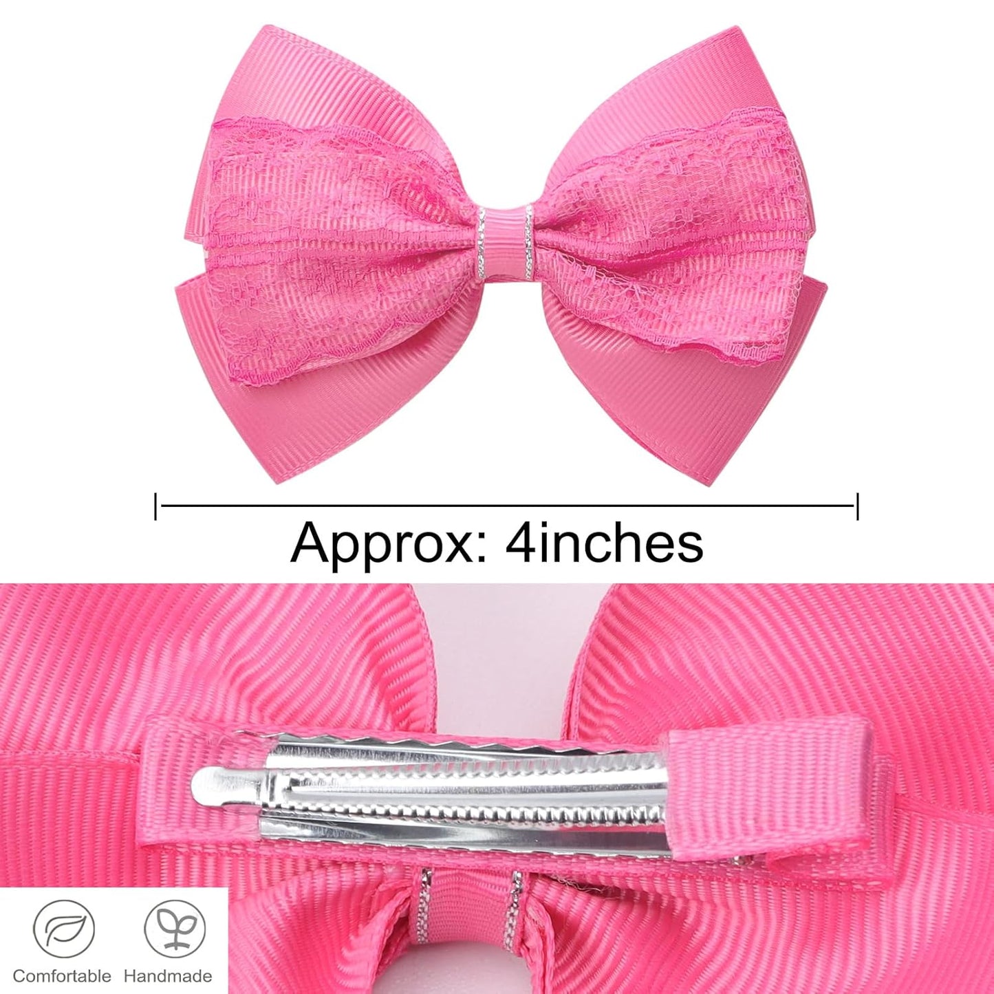 4-Inch Hair Bows Alligator Clips Delicate Lace Hair Accessories for Girls, Toddler, Kids and Women Daily Dress Up Birthday Wedding Christmas Occasions- Set of 2 (Hot Pink)