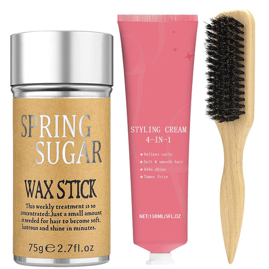 4-in-1 Styling Cream for Flyaways, Curl Defining & Shine – with Slick Back Boar Bristle Brush & Hair Wax Stick – Smooth Sleek Hair Tamer Set, Non-Greasy, for Women & Kids