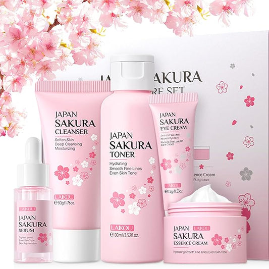 5Pcs Skin Care Set Sakura Women Beauty Gift Sets Korean Skin Care Kit with Cleanser, Face Serum, Face Cream,Toner,Eye Cream, Mud Mask - Skin Care Routine Kit for Women (Sakura)