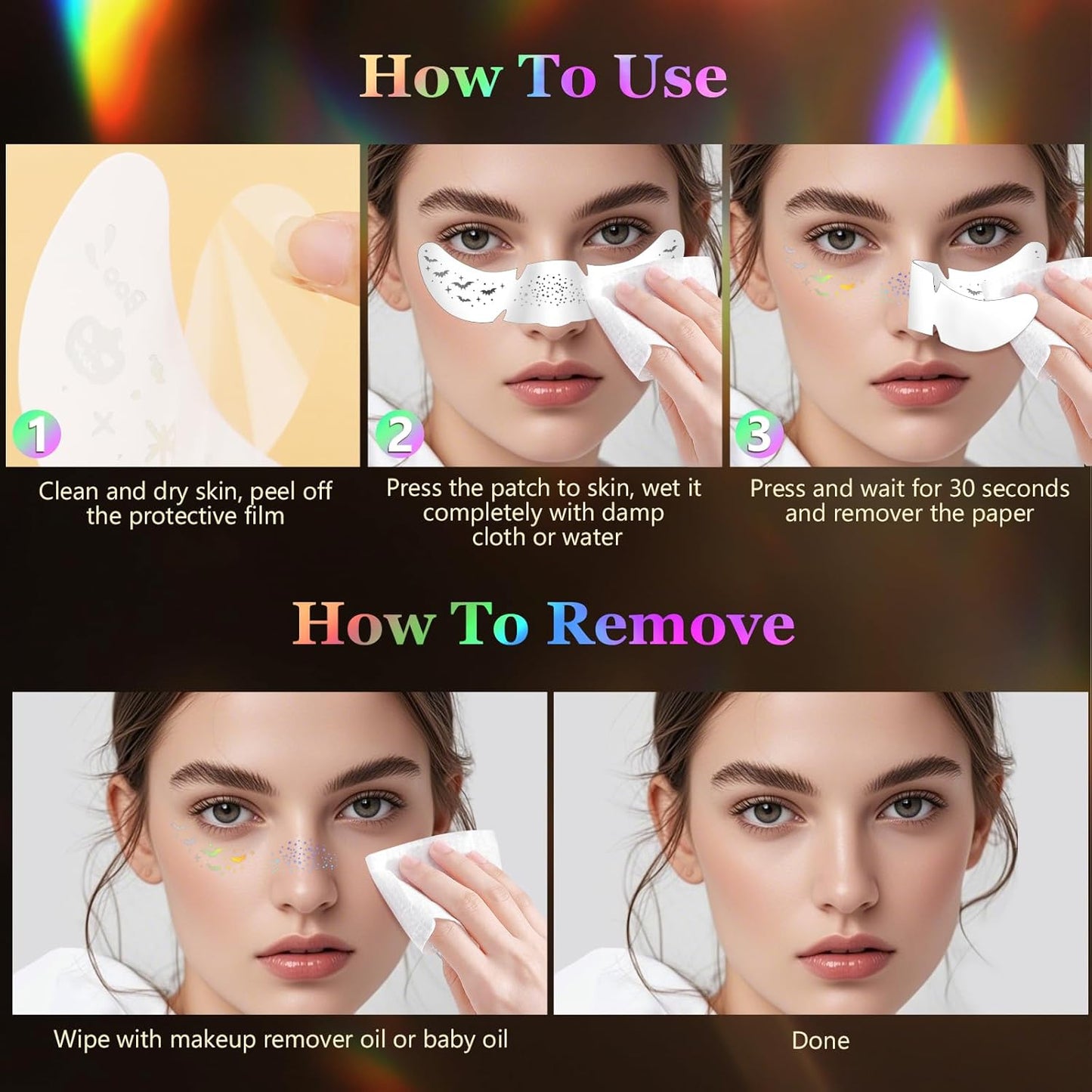 HyperFun 12Pcs Halloween Face Glitter Freckles, Glitter Freckles Face Tattoo Sticker, Holographic Multichrome Waterproof Sparkle Freckles Makeup Patches for Women Rave Festival Accessories Party Prom