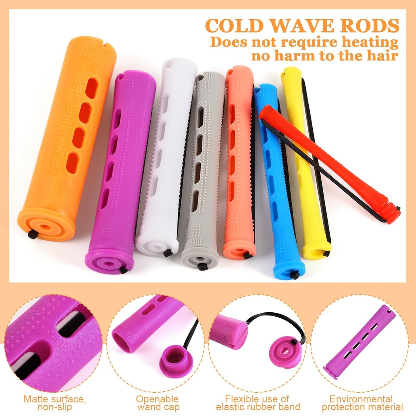 60 Pcs Perming Rods Set - 8 Sizes Cold Wave Rollers with Rat Tail Combs, Clips for Long and Short Natural Hair Styling, Hairdressing Kit