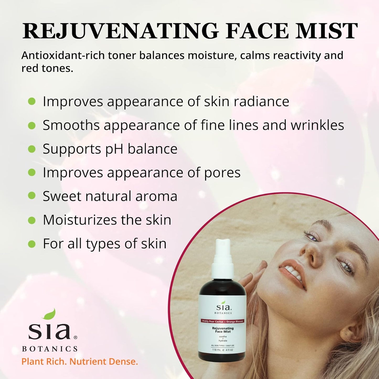 Sia Botanics Rejuvenating Face Toner Mist (118ml/4oz Bottle) | Facial Treatment w/Prickly Pear, Aloe Vera, Orange Blossom | Natural, Clean, Botanical Skincare for Women