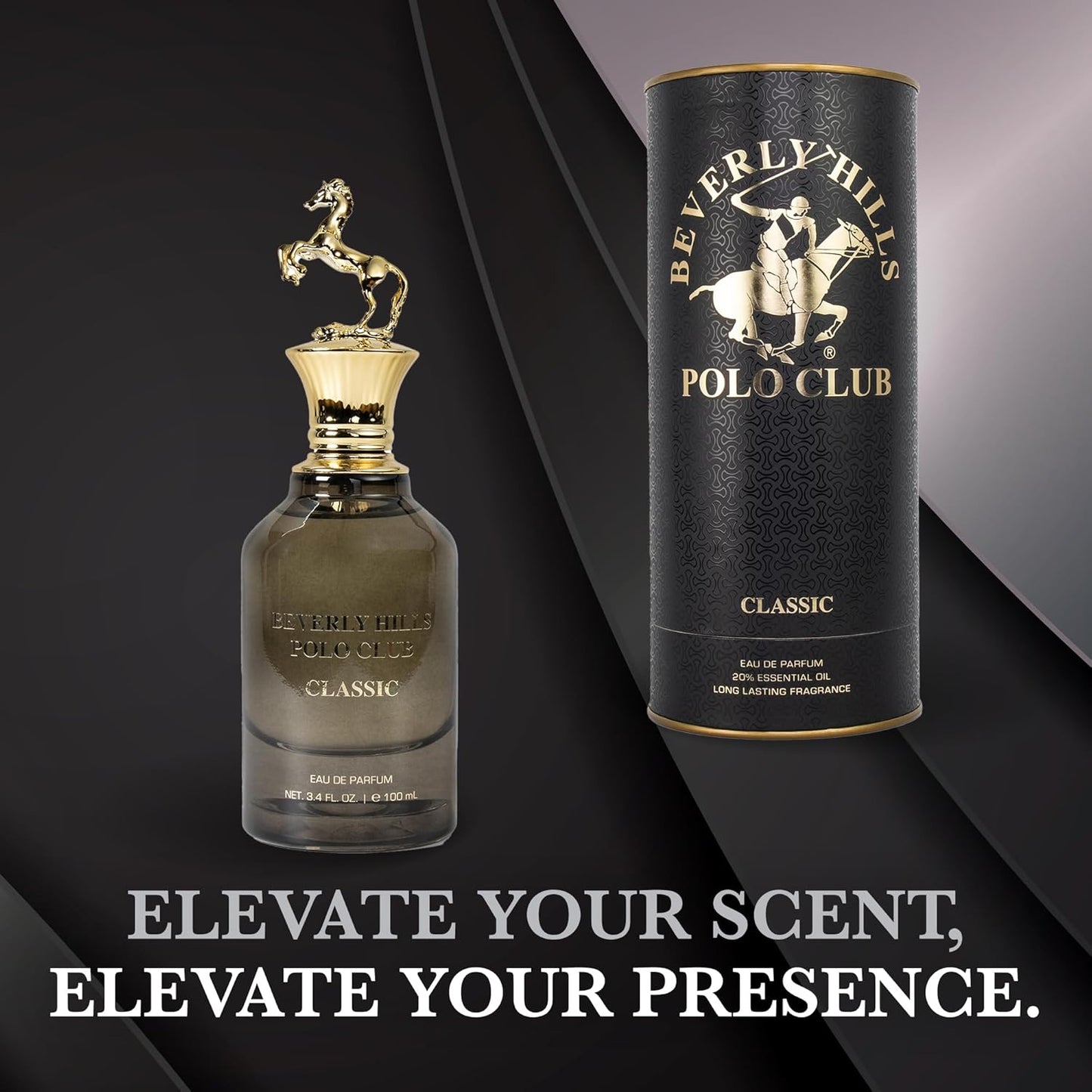 Beverly Hills Polo Club CLASSIC Eau de Parfum for Men - Enduring Luxury Fragrance with Iconic Metal Horse Cap & Premium Cylinder Box - 3.4 Fl Oz