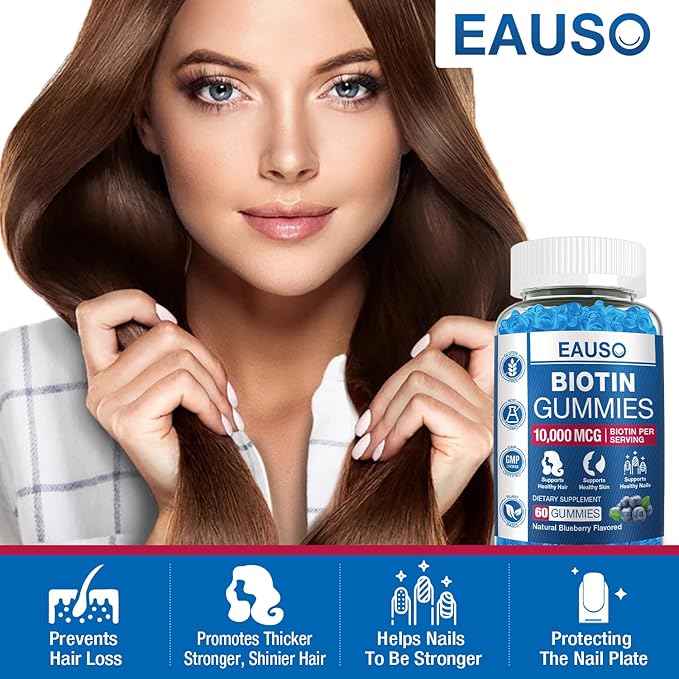 Extra Strength Biotin Gummies 10,000mcg for Stronger Hair, Skin & Nails - 60 Gummies - Vegan, Non-GMO, Health Supplement
