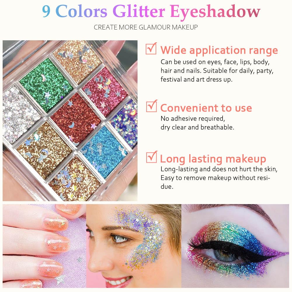 AMY'S DIARY 9 Colors Pressed Glitter Eyeshadow Palette Glitter Silver Blue Purple Gold Eyeshadow Palette, Glitter Daily Party Sparkling Eye Face Makeup Cosmetics (D1)