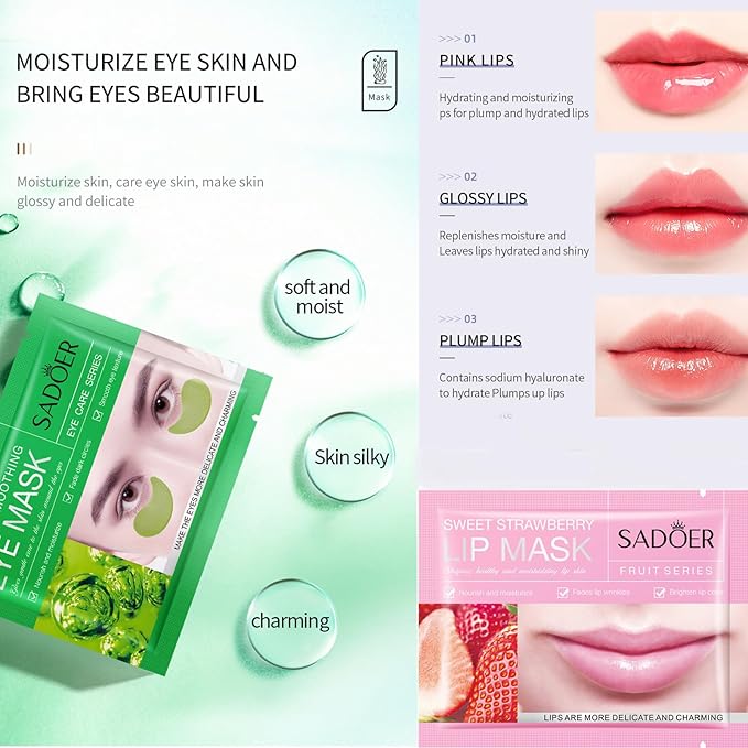 MEICOLY 30 Pads Lip and Eye Mask Sheet,Moisturizing Seaweed Eye Mask Crystal Anti-Aging Eye Patches Strawberry Lip Mask,Dark Circle Remover with Box,Lip and Eye Mask Set