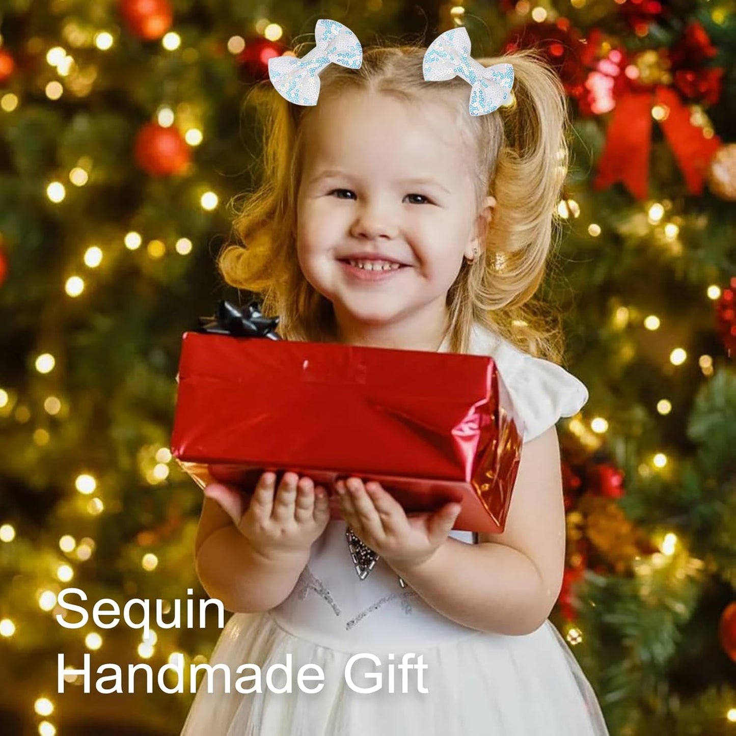 Sparkling 3 Inch Glitter Heart Hair Bows Clips Sequin Bow Alligator Clips Hair Accessories for Girls, Teens, Toddlers (White)