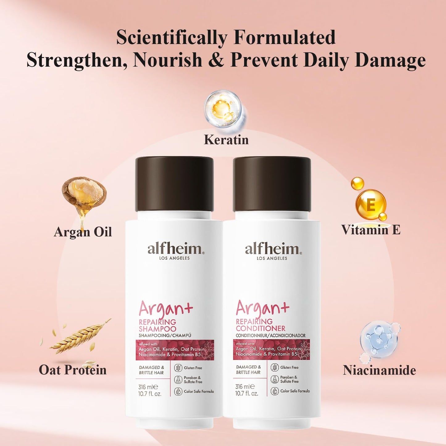 ALFHEIM Argan+ Repairing Shampoo & Conditioner Set for Dry, Damaged & Frizzy Hair with Argan Oil, Keratin, Oat Protein – Deep Repair, Shine & Frizz Control – Sulfate Free – Travel Size 10.7 oz × 2