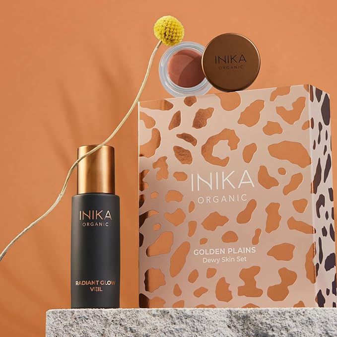INIKA Organic Golden Plains Dewy Skin Set | Vegan, Natural, Organic Glowing Primer and Lip & Cheek Color For Radiant Skin. Sustainable Packaging