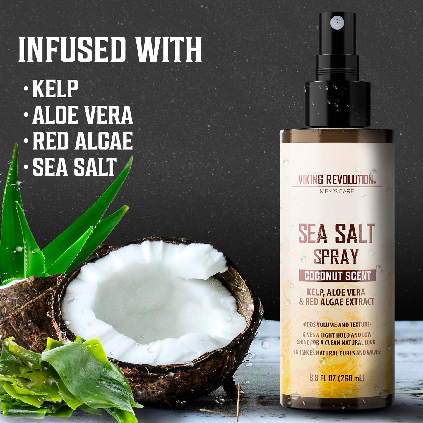 Viking Revolution Coconut Sea Salt Spray for Hair Men - Hair Texturizing Spray with Kelp, Aloe Vera & Red Algae Extract - Surf to Add Volume and Texture - Sea Salt for Men Beach