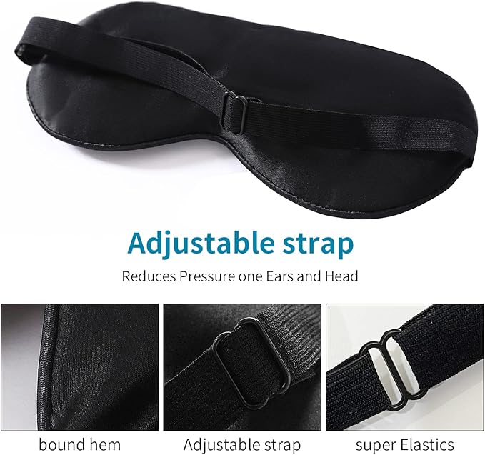 2-Pack 100% Real Natural Silk Eye Mask, Silk Sleeping Mask, Shade Puffy Eye Gift with Adjustable Straps, Sleep Eye Mask, SHJINJU Eye Mask Shade (Black and Lake Blue)