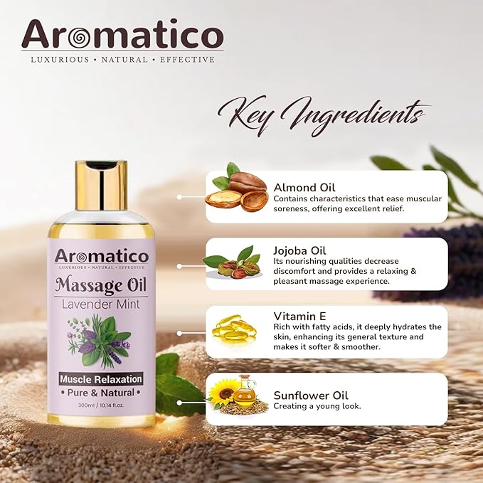AROMATICO Soothing Massage Oil with Lavender & Peppermint Essential Oils. Natural Power of Sesame, Almond & Jojoba Oils. Non-Sticky Formula with Safe & Natural Ingredients – 10 Fl Oz