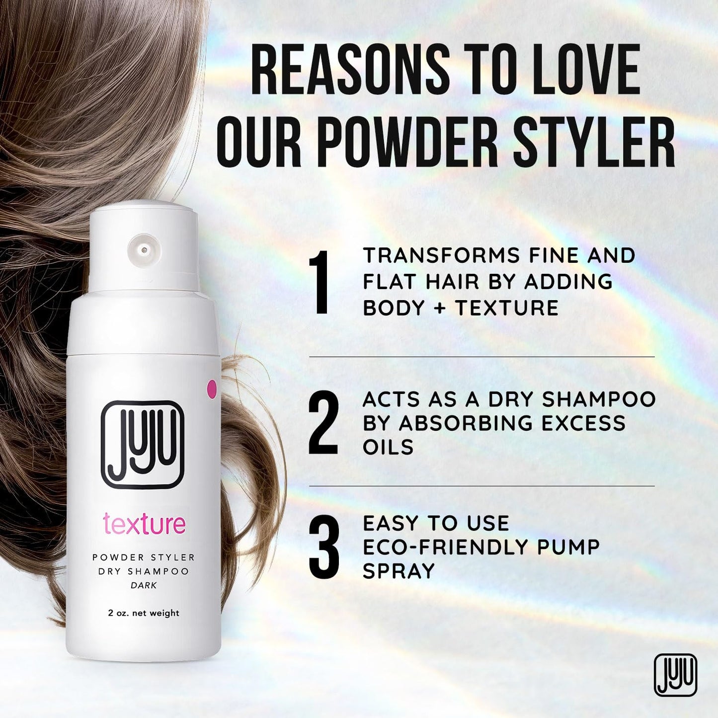 Juju Styling Texture Powder & Travel Size Dry Shampoo for Women & Men Pump 2 Oz (Dark) - Non Aerosol Dry Shampoo for Women, Hair Texturizer for Volume, Fragrance Free Hair Care for All Types of Hairs