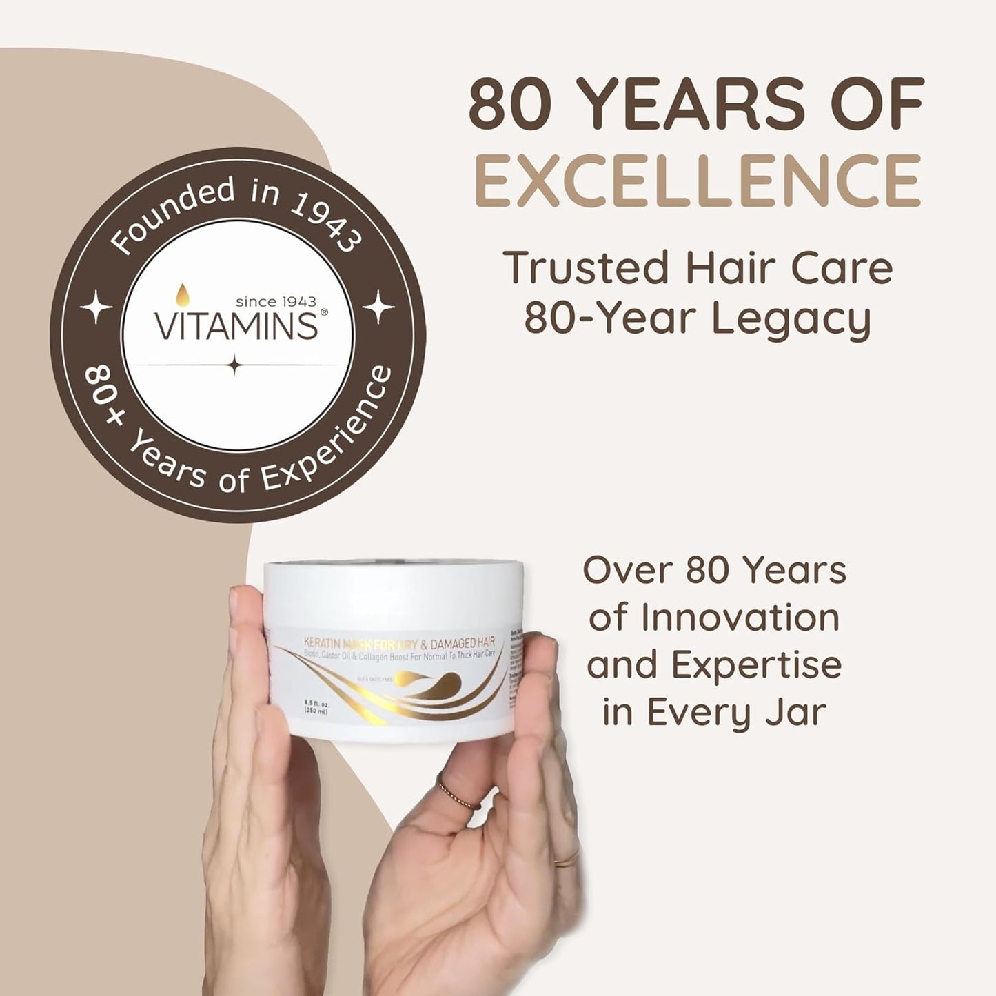 VITAMINS hair cosmetics Keratin Hair Mask Deep Conditioner for Dry Damaged Hair - Biotin, Collagen & Castor Oil Deep Conditioning, Repairs Split Ends & Restores Shine - For Thick Locks