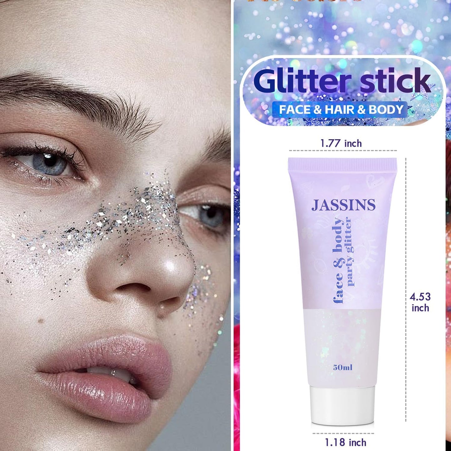 JASSINS 2PCS Body Glitter, 100ml Silver and White Face Glitter for Women Girls Kids, Glitter Gel Makeup Tween Gifts, Singer Concerts Festival Rave Accessories, Chunky Mermaid Sequins Glitter