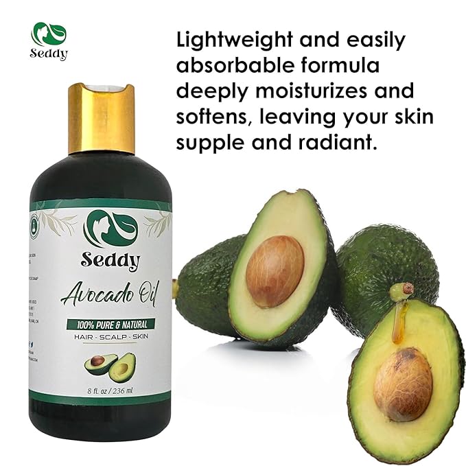Seddy Avocado Oil - 100% Pure & Natural Oil for Hair, Skin, Face, Body, & Nails | Unscented | Hexane-Free | Natural Carrier Oil | Premium Moisturizer | Ideal for DIY Beauty Blend - 8 Fl. Oz