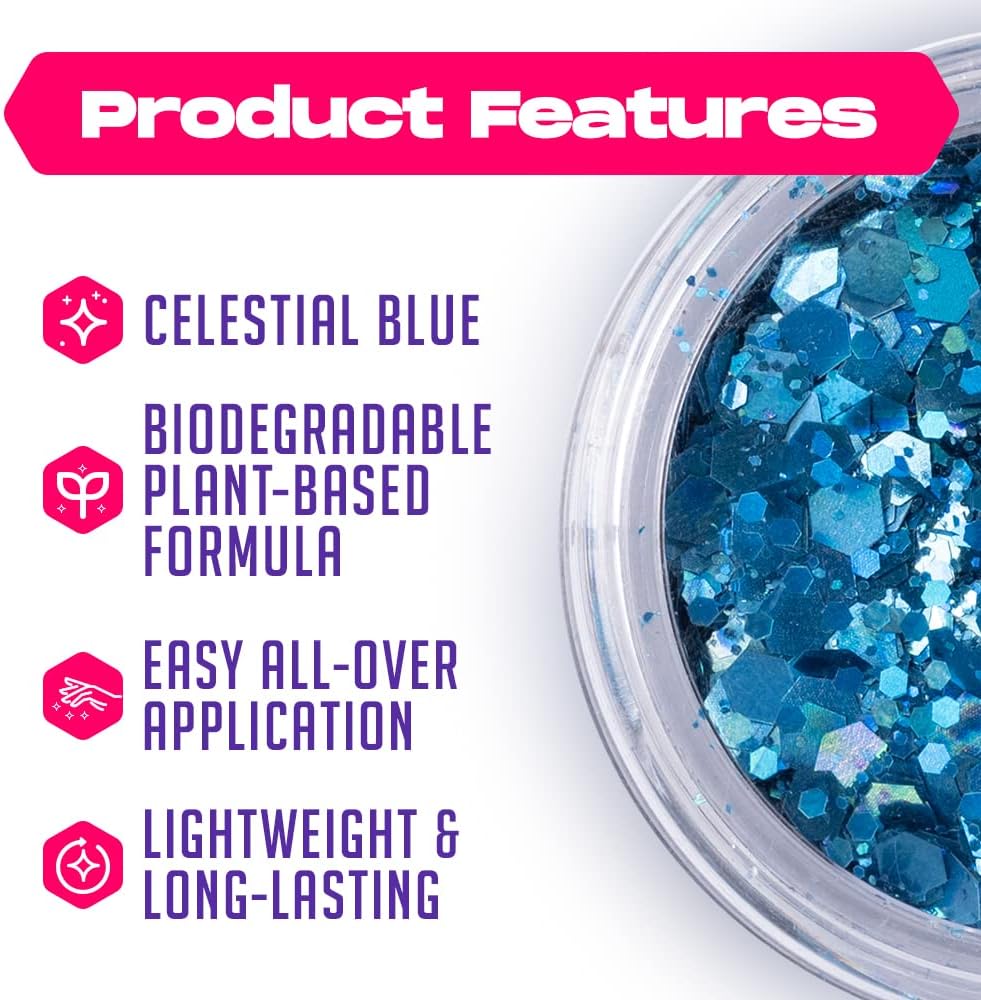 Blue Biodegradable Glitter Makeup | Plant Based, Eco Friendly, Hair Glitter, Face Glitter or Body Glitter | Cosplay EDM Music Festival and Rave Makeup Accessory | 5 Grams of Chunky Glitter