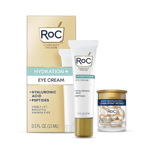 RoC Multi Correxion Hyaluronic Acid Anti Aging Under Eye Cream for Puffiness & Dark Circles (.5 OZ) + RoC Retinol Capsules (7 CT), Skin Care Routine, Fragrance & Paraben Free for Women and Men