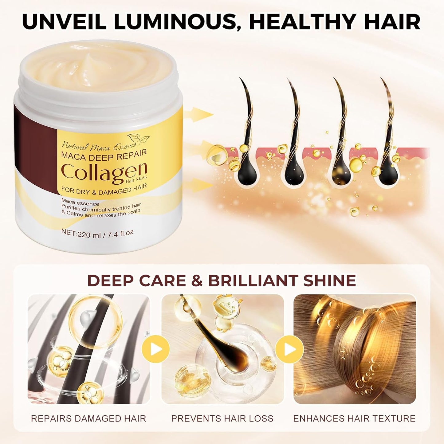 Collagen Hair Treatment Mask, Deep Repair Conditioning Hair Mask with Collagen, Maca, Avocado Oil for Dry Damaged Hair, Safe and Nourishing Formula for All Hair Types 7.4 FL OZ
